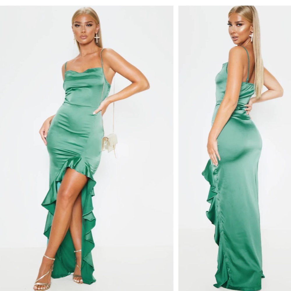 PrettyLittleThing | Emerald Cowl Neck Frill Hem 6